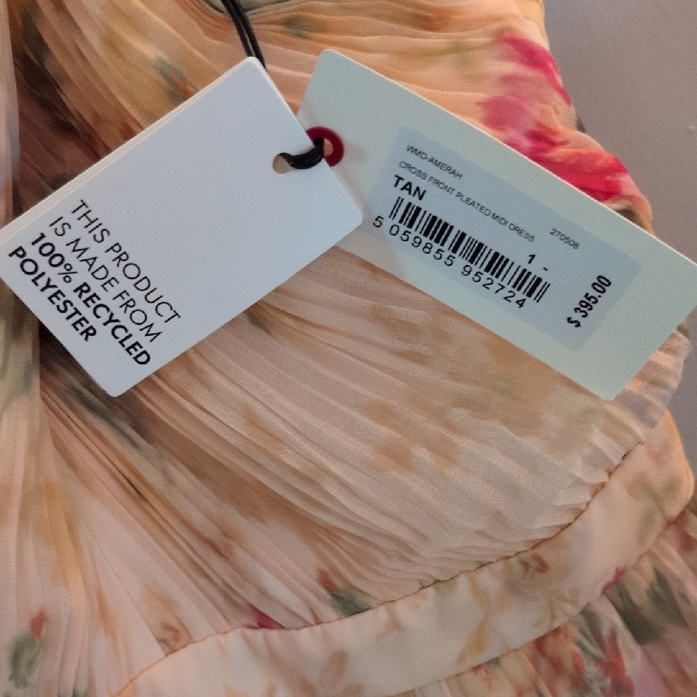 Wander Cream Floral Pleated Midi Dress with Pink and Green Accents - Picture 6 of 7